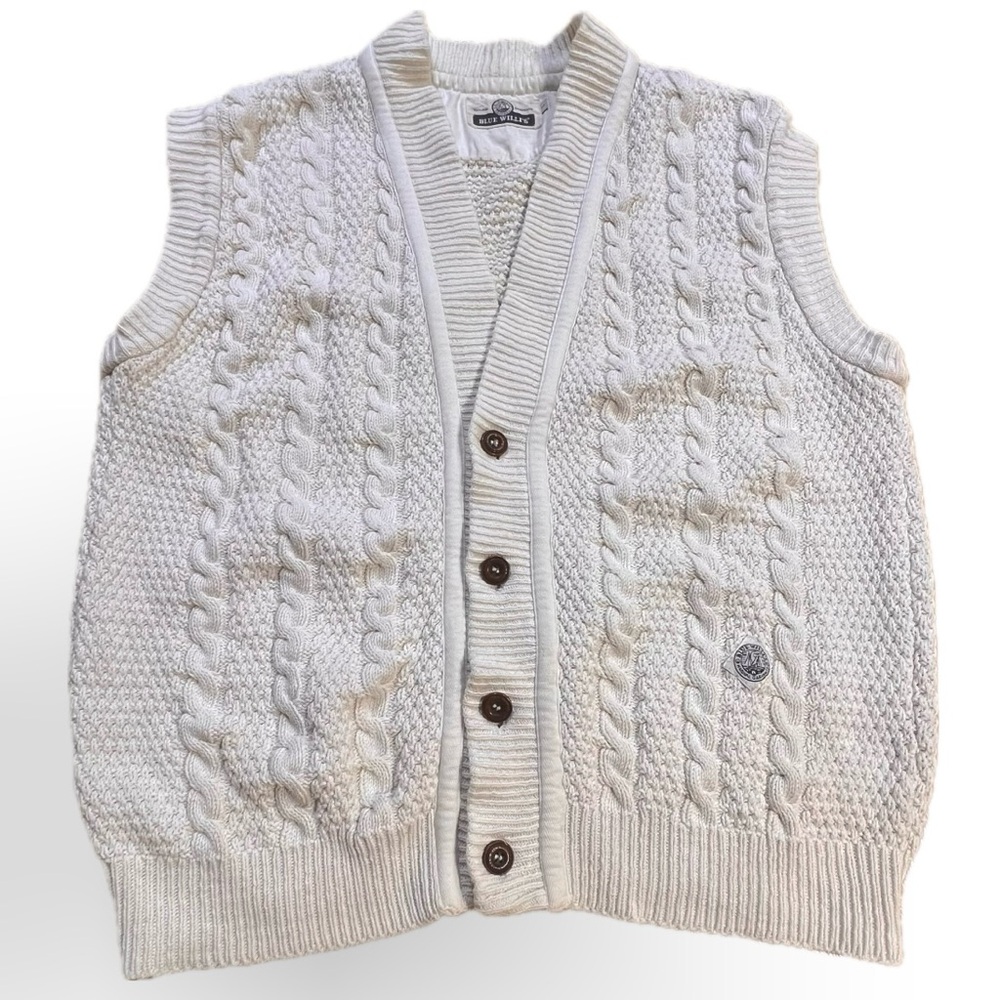 VINTAGE natural cotton chunky knit fisherman’s cable sweater‎ vest cardigan 80s